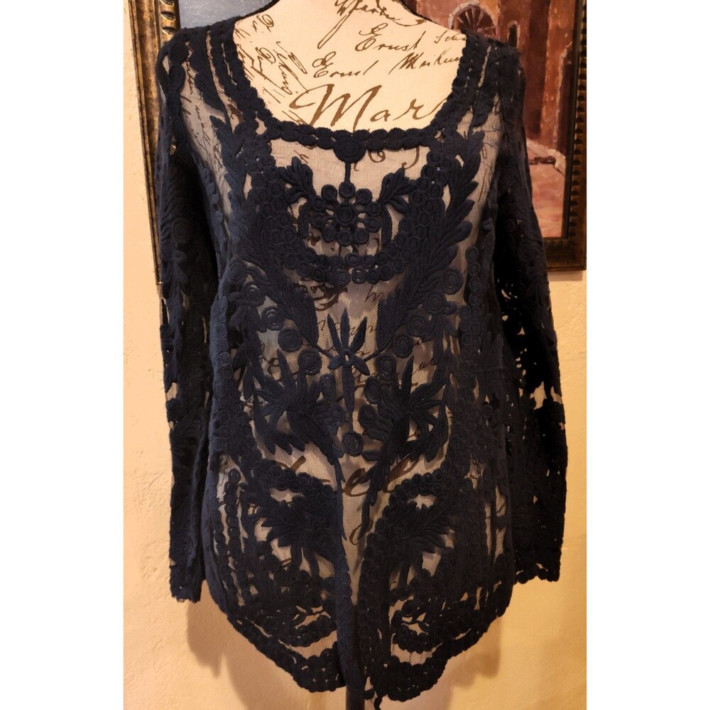 Beautiful Origami Vivian Navy Blue Boho Western Crochet Sheer Lace Overlay Sz M
